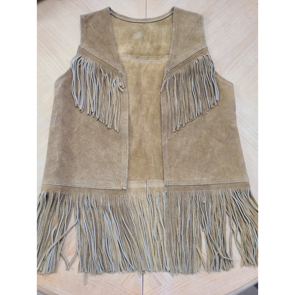 Vintage Suede Fringe Vest Women M/L Tan Western Boho Tiered Leather